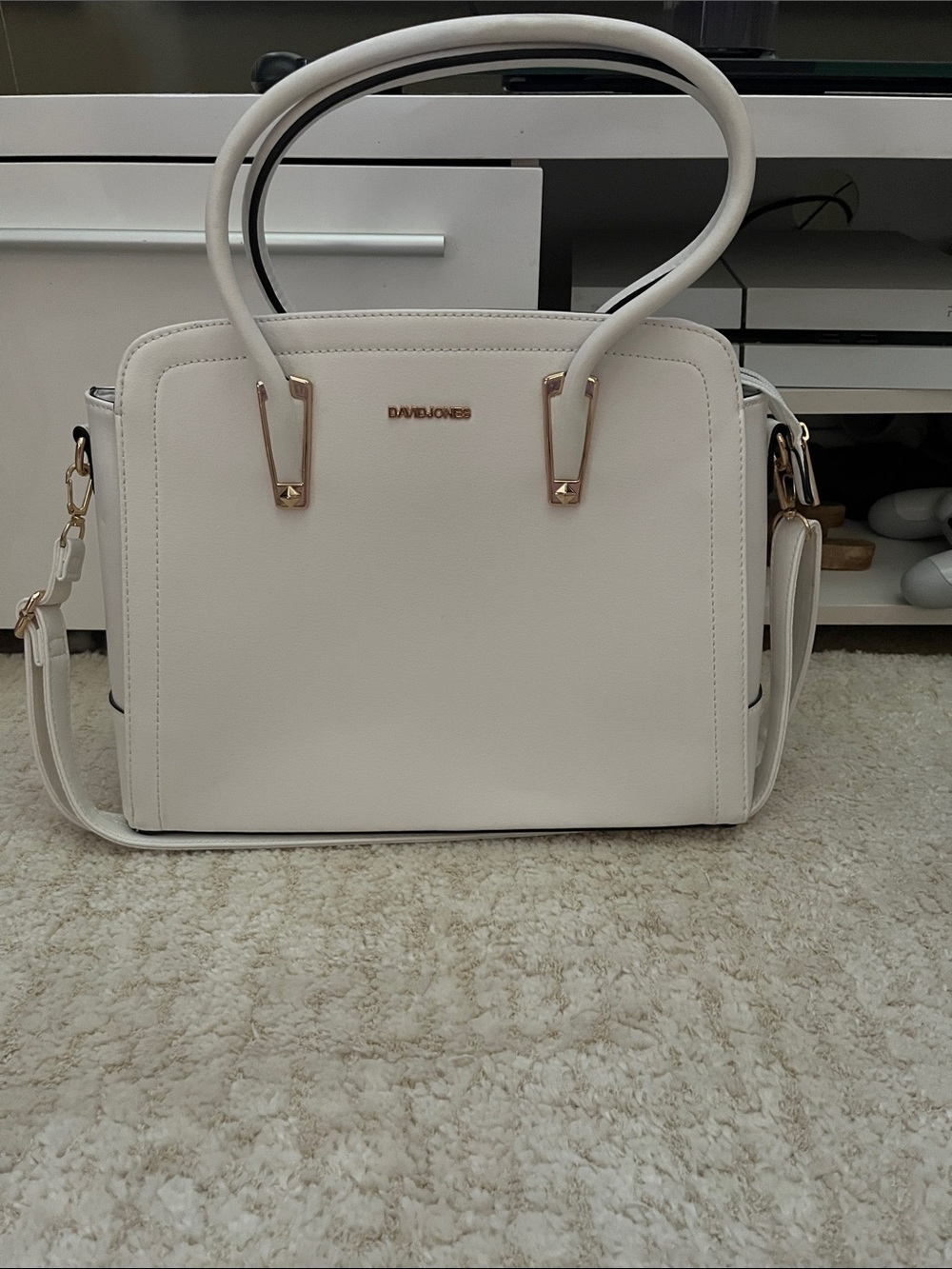 DAVIDJONES Cream Structured Satchel with Removable Strap